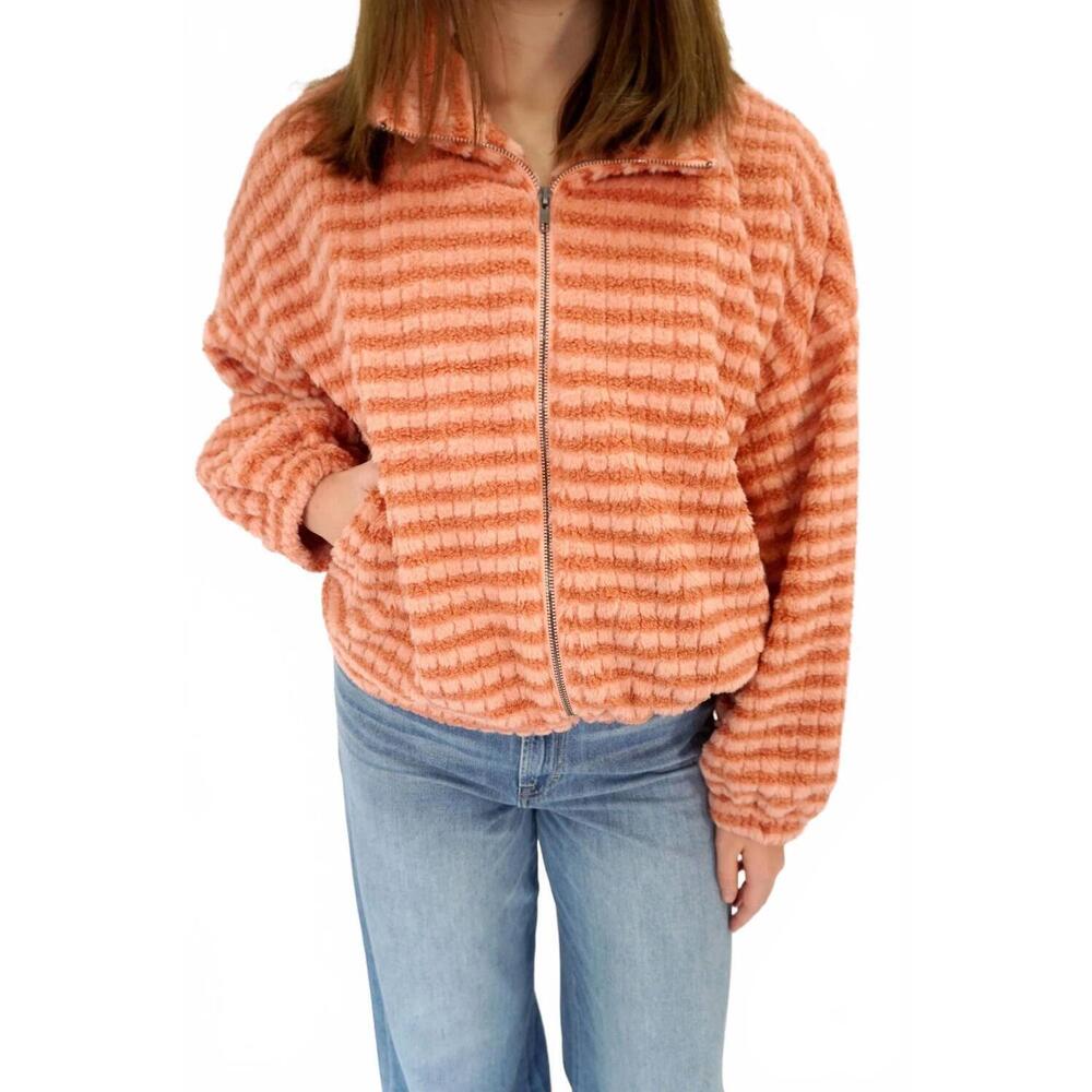 NEW BUTTERMELON rowan stripe plush zip-up jacket in clay